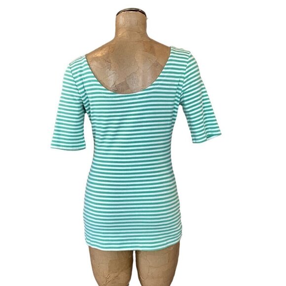 Banana Republic Green & White Striped Tee Top Half-Sleeve Boat Neck Sz M #113T - Picture 6 of 8